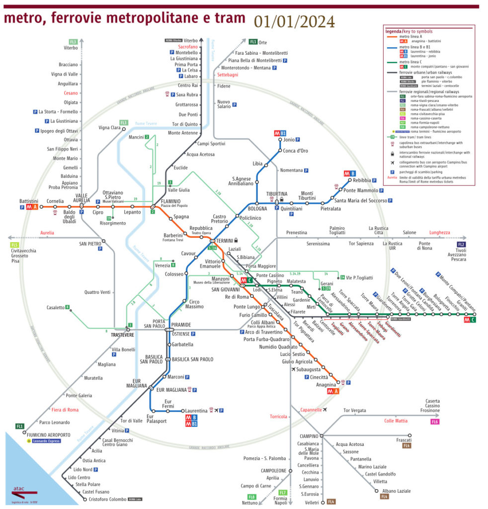 mappa del metro e ferrovie in Roma 2024