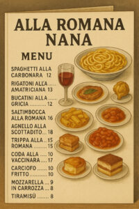 Typical Roman menu, trattoria Alla Romana Nana